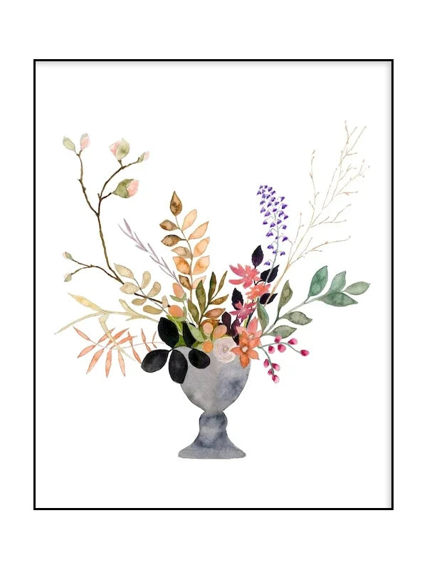 Framed artwork of a floral arrangement with a gray vase on a white background