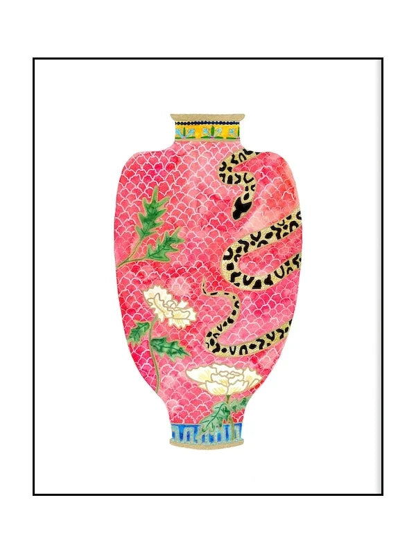 Decorative vase with pink fish-scale pattern, green leaves, and black animal design on a white background.