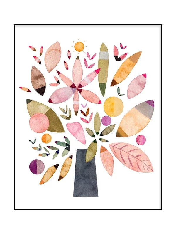 Colorful abstract floral design with leaves and flowers on a white background