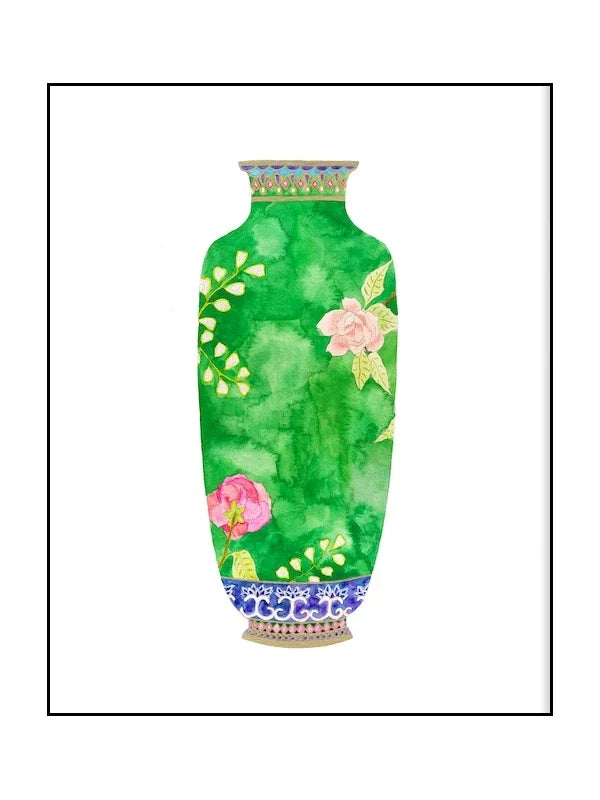 Decorative vase with floral design on a green background