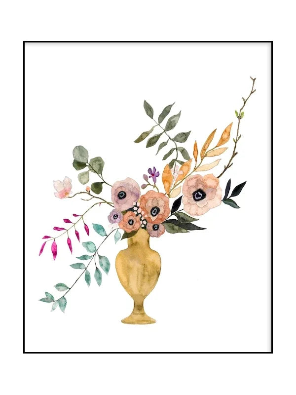 Floral arrangement in a yellow vase on a white background