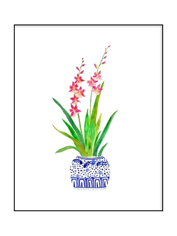 Illustration of a potted plant with pink flowers on a white background