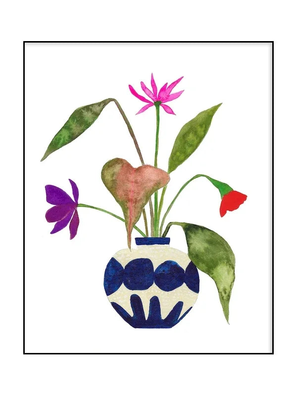 Decorative illustration of a blue and white vase with pink, purple, and red flowers on a white background.