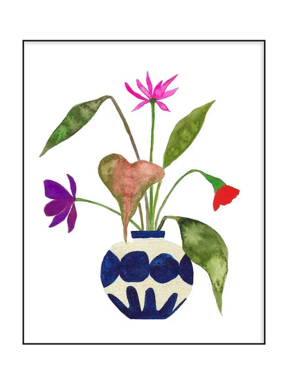 Decorative illustration of a blue and white vase with pink, purple, and red flowers on a white background.