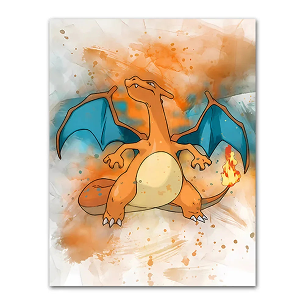Illustration of a dragon-like creature with blue wings and orange body on a colorful abstract background.
