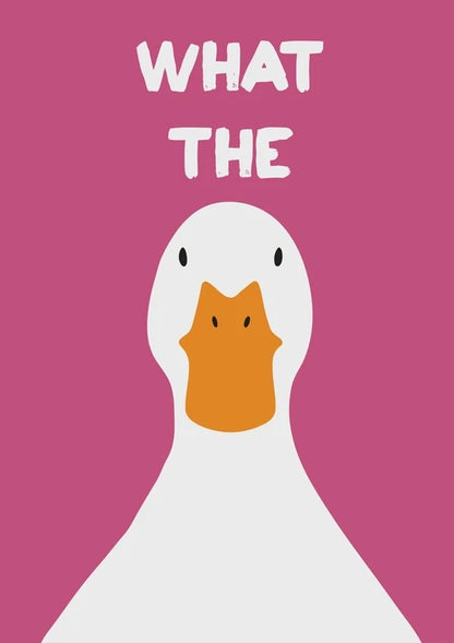 Cartoon duck with a surprised expression on a pink background with text 'WHAT THE'.