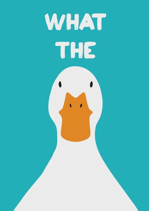 Cartoon duck with a surprised expression on a teal background with 'WHAT THE' text.