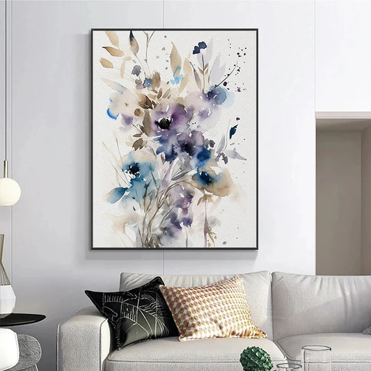 Framed abstract floral artwork on a wall above a sofa with decorative pillows. Canvas & Curio