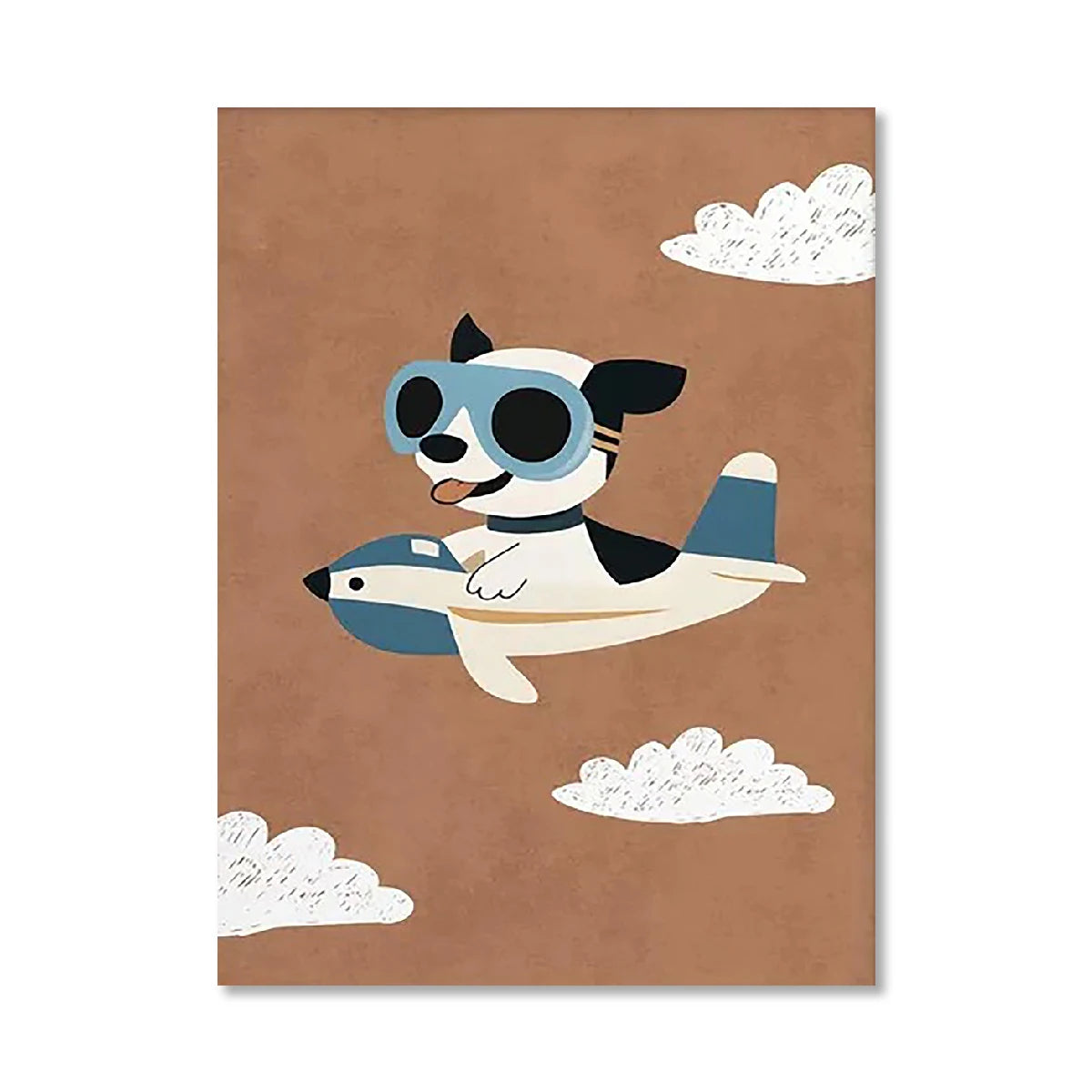 Illustration of a dog flying a plane on a brown background with clouds.
