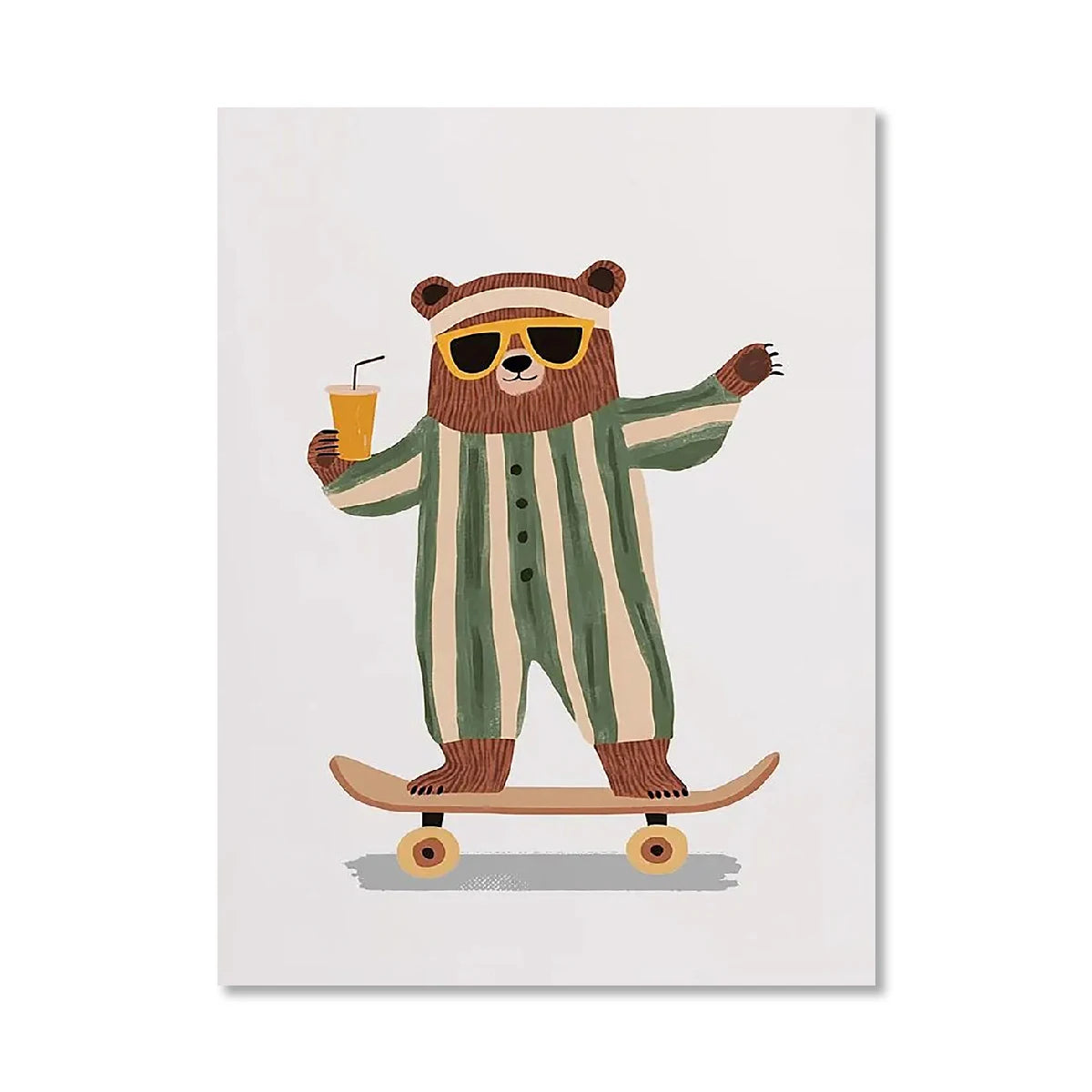 Illustration of a bear in a green and beige striped onesie skateboarding and holding a drink.