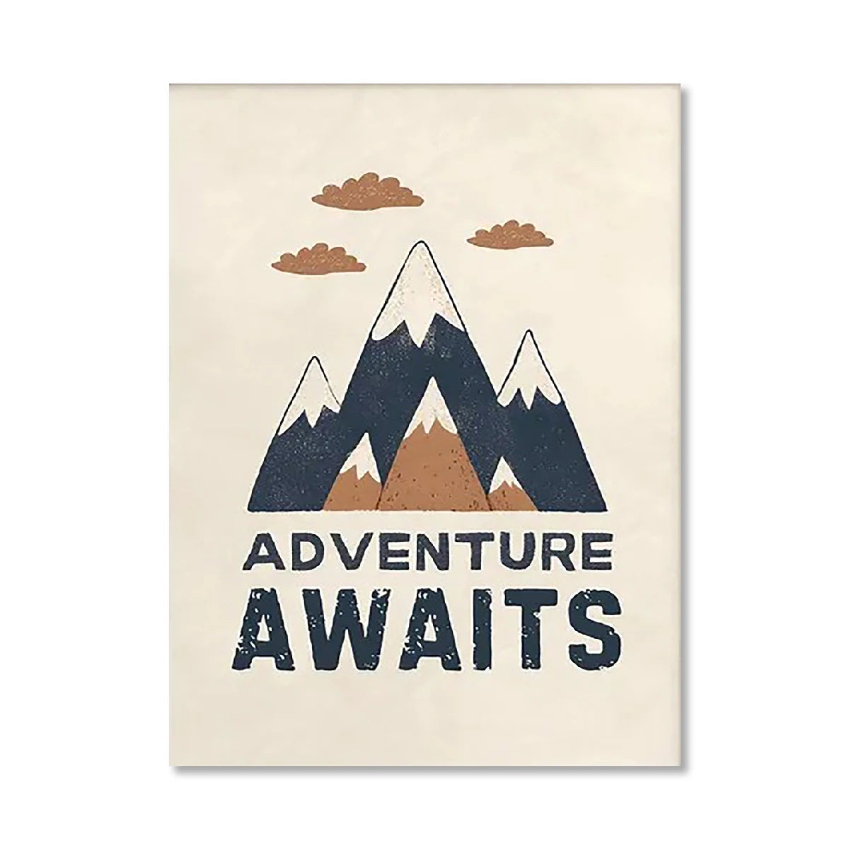 Poster with mountain design and 'Adventure Awaits' text on a beige background