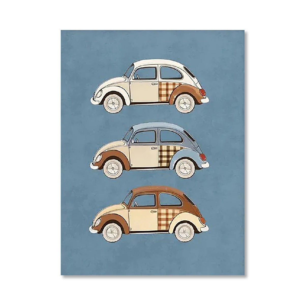 Three illustrated vintage cars with plaid patterns on a blue background