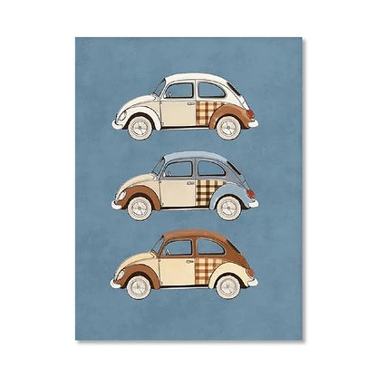Three illustrated vintage cars with plaid patterns on a blue background