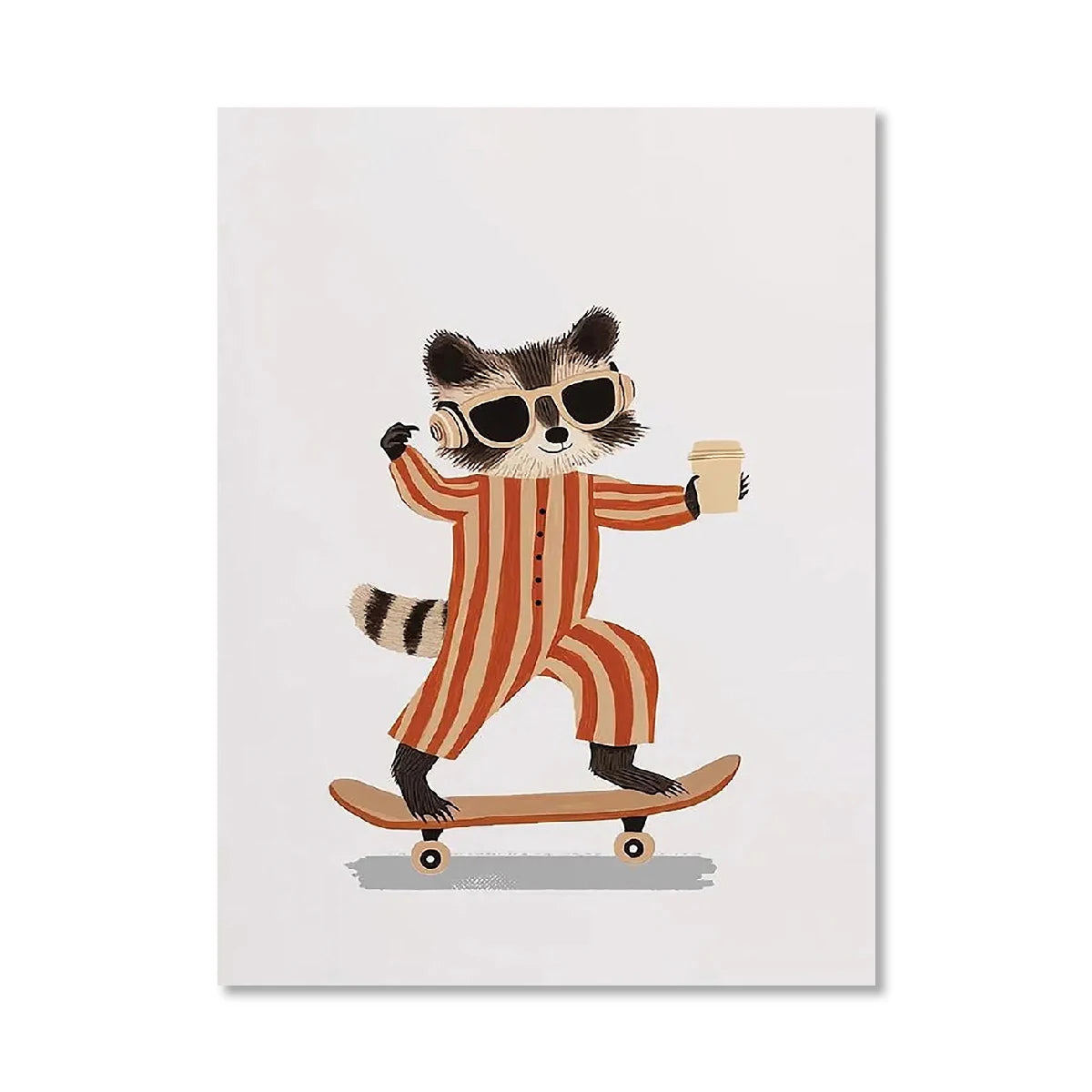 Illustration of a raccoon in a striped suit and sunglasses skateboarding on a white background