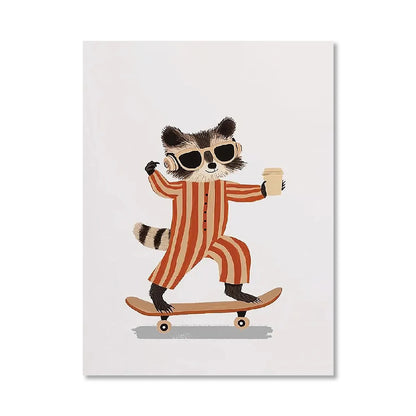Illustration of a raccoon in a striped suit and sunglasses skateboarding on a white background