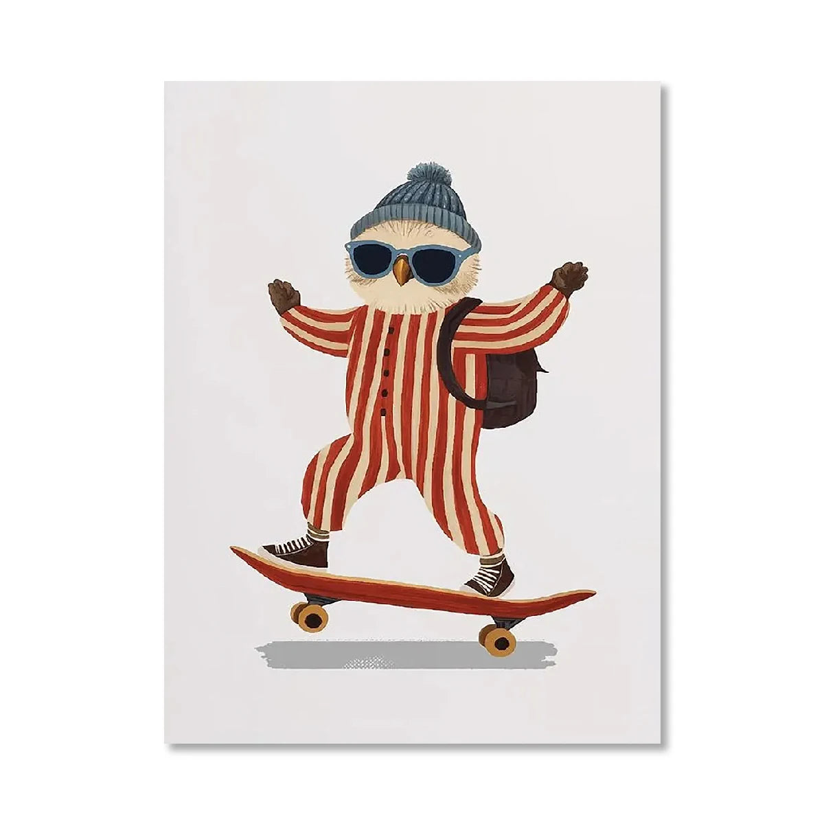 Illustration of an owl wearing a striped onesie and sunglasses, standing on a skateboard.