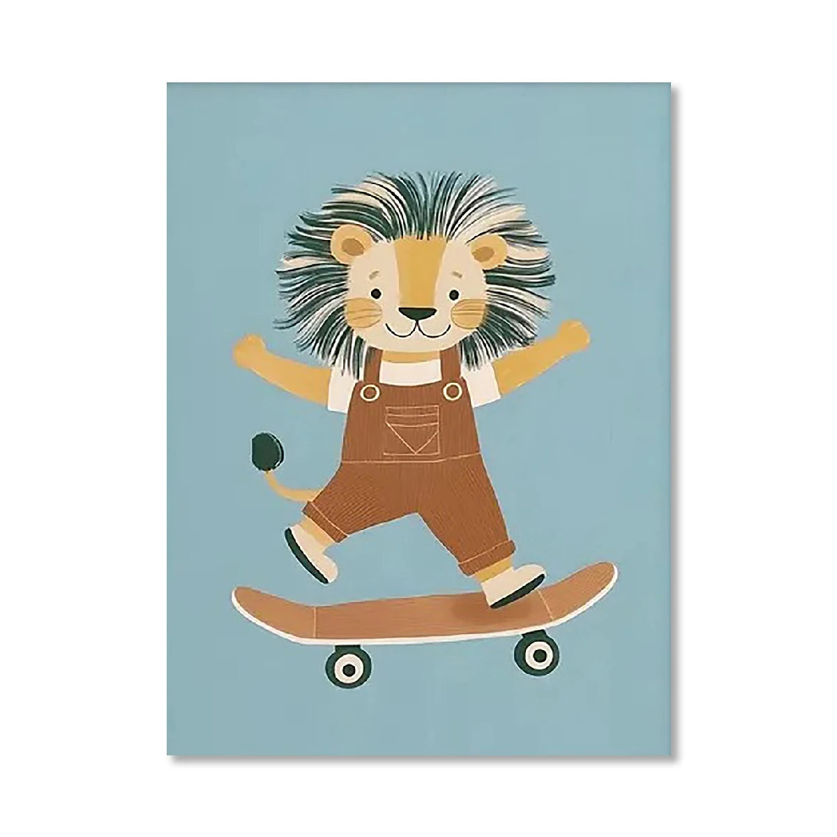 Cartoon lion character wearing overalls and riding a skateboard on a blue background