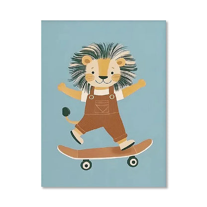 Cartoon lion character wearing overalls and riding a skateboard on a blue background