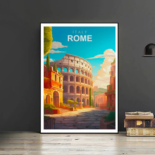 Framed poster of the Colosseum in Rome on a dark wall. Canvas & Curio