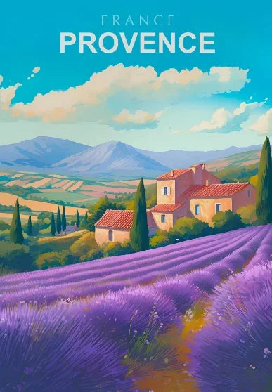 Lavender field with a house and mountains in the background, labeled 'France Provence'. Canvas & Curio