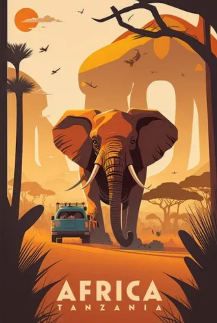 Safari scene with an elephant and a car in a scenic African landscape.
