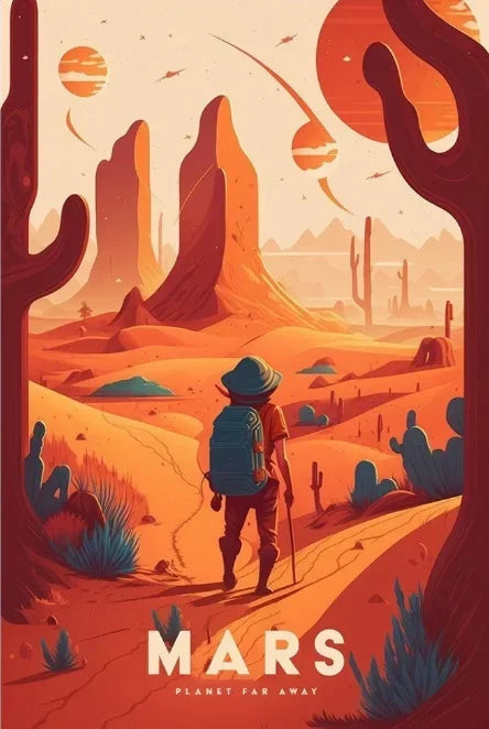 Illustration of a person on Mars with cacti and desert landscape.