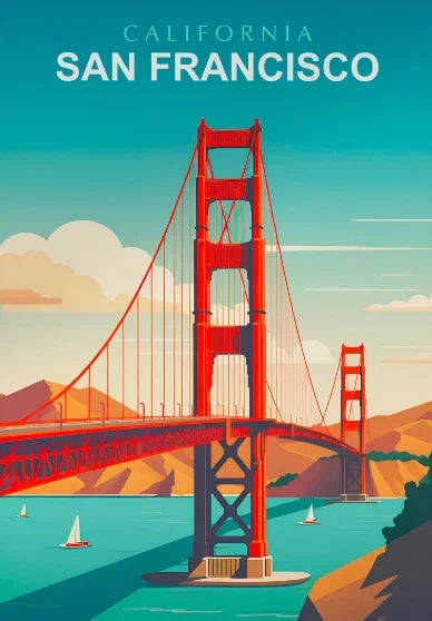 Illustration of the Golden Gate Bridge in San Francisco with a blue sky and mountains in the background.