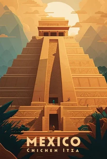 Illustration of a pyramid with 'Mexico Chicken Itza' text at the bottom.