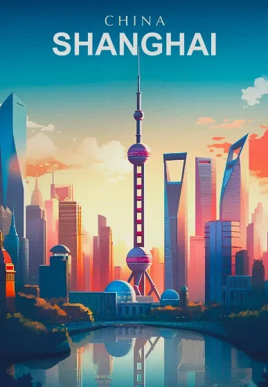 Illustrated cityscape of Shanghai with modern skyscrapers and the Oriental Pearl Tower.