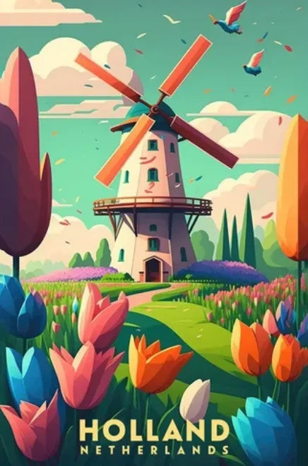 Colorful illustration of a windmill and tulips with 'Holland, Netherlands' text.