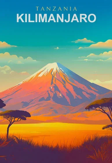 Illustration of Mount Kilimanjaro with a scenic landscape and 'Tanzania Kilimanjaro' text.