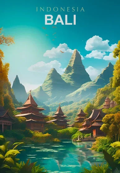 Scenic view of Bali with traditional buildings and mountains.