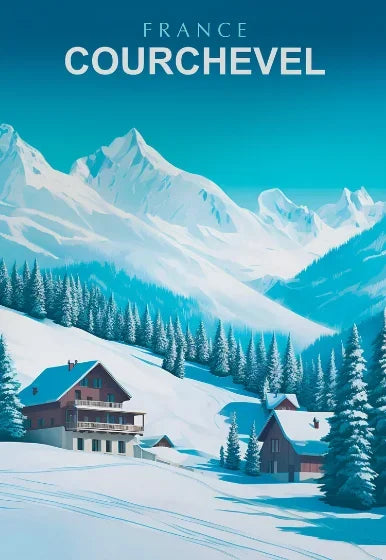 Winter scene with snow-covered mountains and houses in Courchevel, France.