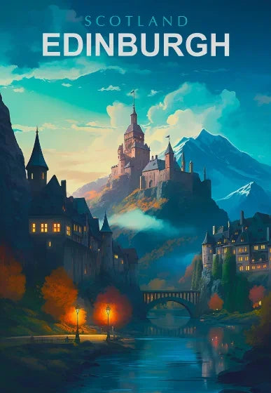 Illustration of Edinburgh with a castle on a hill, surrounded by mountains and a river.