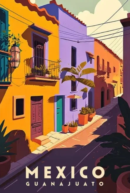 Colorful street scene in Guanajuato, Mexico with buildings and plants.