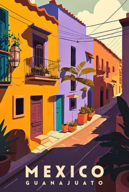 Colorful street scene in Guanajuato, Mexico with buildings and plants.