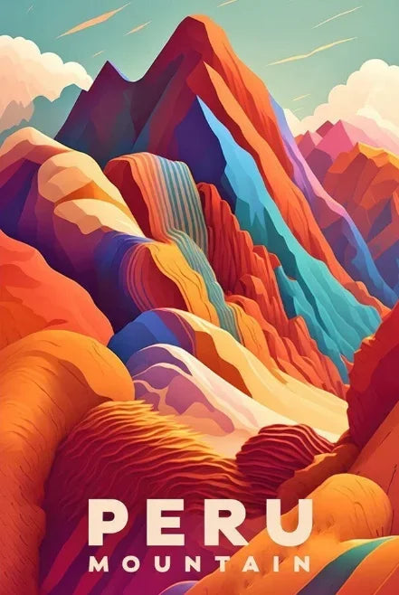 Colorful mountain landscape with 'Peru' text on a pastel sky background