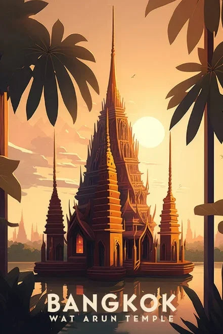 Illustration of Wat Arun temple in Bangkok with palm trees and a sunset.
