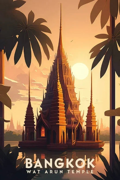 Illustration of Wat Arun temple in Bangkok with palm trees and a sunset.