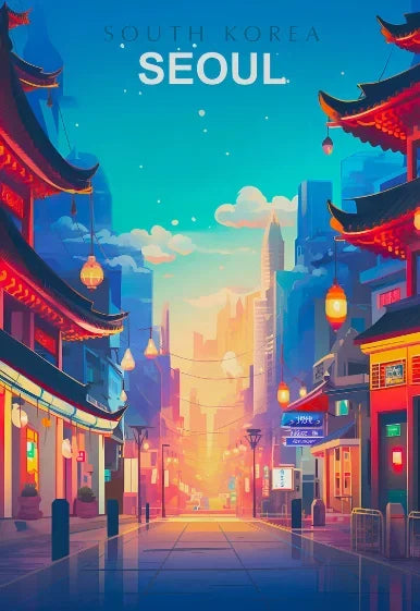 Illustration of a vibrant street scene in Seoul, South Korea with traditional architecture and modern elements.