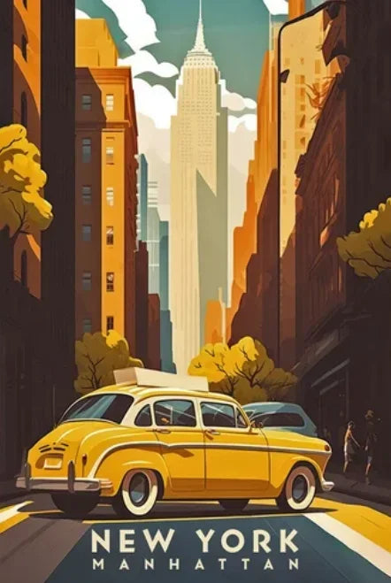 Illustration of a yellow taxi in New York City with the Empire State Building in the background.