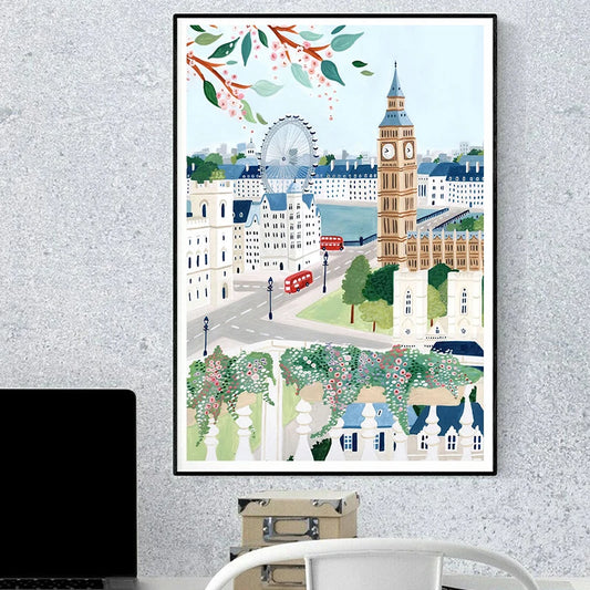Framed artwork of a cityscape with a clock tower, bus, and trees on a gray wall. Canvas & Curio