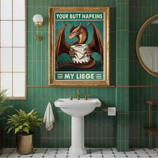 Bathroom interior with green tiled walls, a sink, and decorative dragon poster. Canvas & Curio