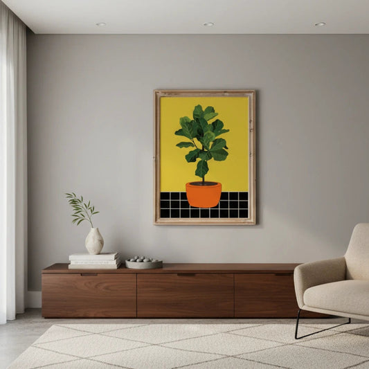 Modern living room with a plant painting on the wall, wooden cabinet, and beige armchair. Canvas & Curio