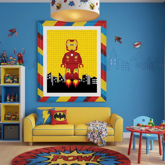Children's room with superhero theme decor, including a yellow couch, colorful shelves, and wall art. Canvas & Curio