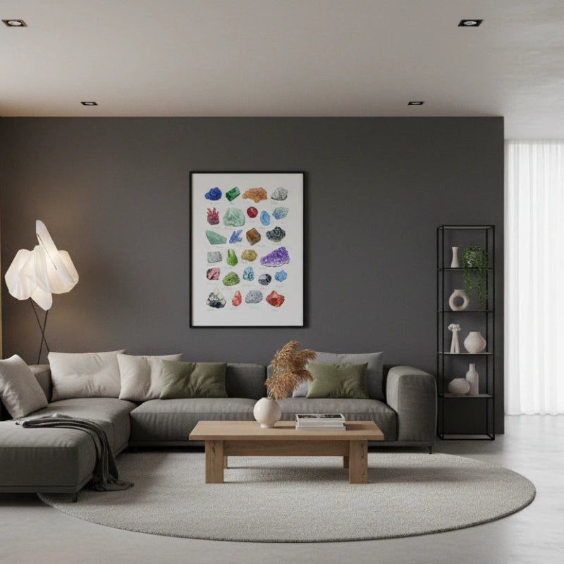 Modern living room with a gray sectional sofa, wooden coffee table, and decorative wall art.
