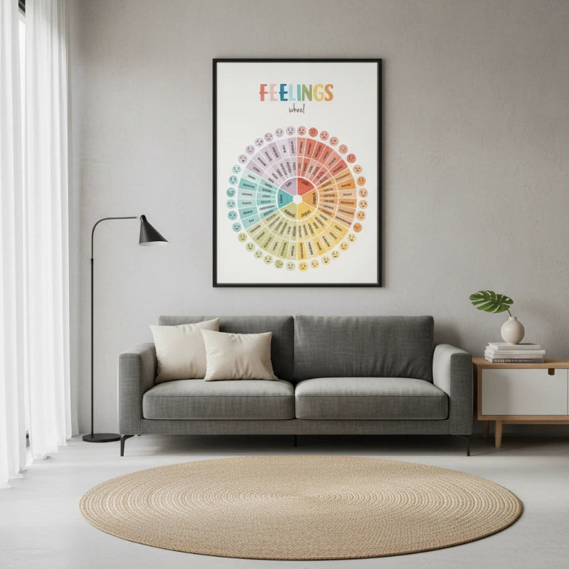 a framed canvas prints illustrating feelings with emojis and colors inside a room