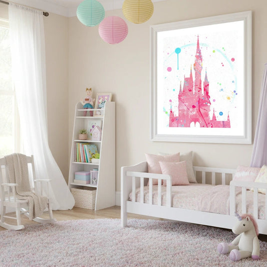 Children's bedroom with a pink castle poster on the wall, white crib, and rocking chair. Canvas & Curio