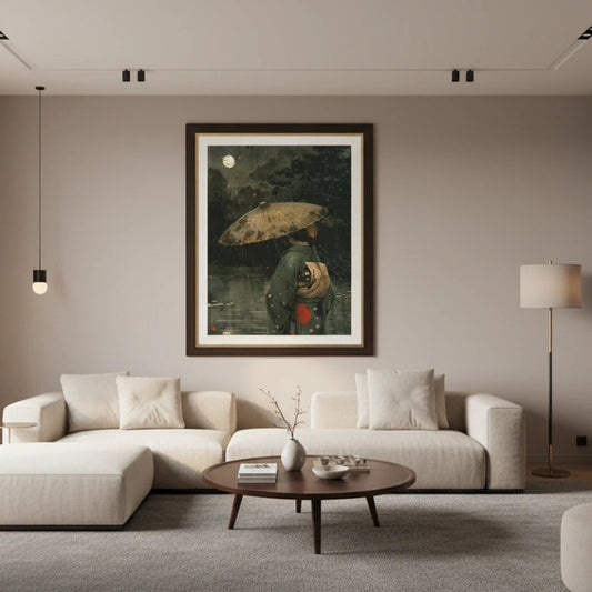 Modern living room with a white sofa, round coffee table, and framed artwork on the wall. Canvas & Curio