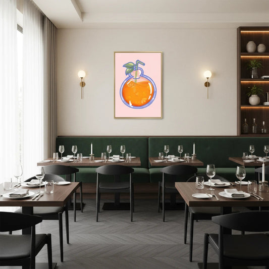 Modern restaurant interior with tables, chairs, and a decorative wall art piece. Canvas & Curio